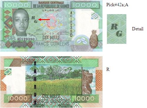 Guinea -  nová kolorizace bankovky 10 000 franků